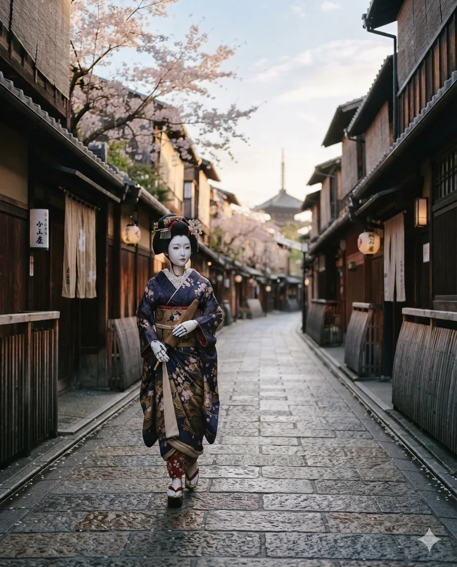 Humanoid geisha walking a traditional Kyoto street — Kyoto aesthetic spirit meets advanced AI