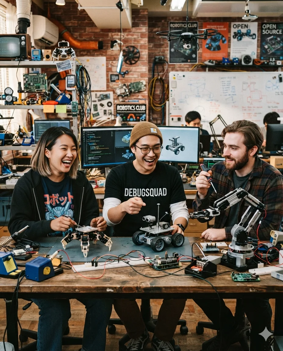 Kenjin Labs team collaborating on robotics and AI in a Kyoto workshop